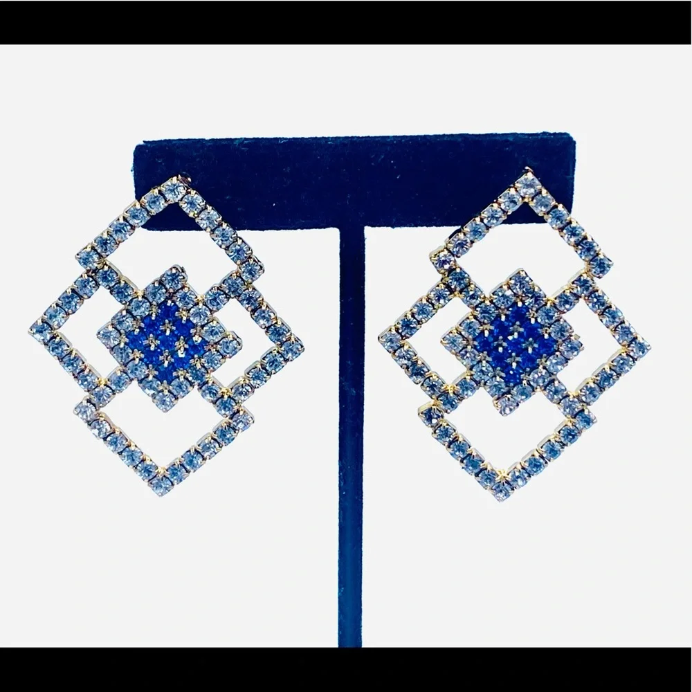 Vintage rhinestone pierced earrings geometric costume jewelry new old stock